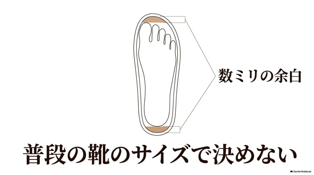 サンダルに乗せた足のイラスト。つま先とかかとに数ミリの余白を取り、普段の靴のサイズで決めないと記載