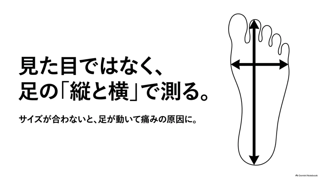 足のイラスト。見た目ではなく足の縦と横をしっかり測ってギゼのサイズを選ぶ重要性を解説。