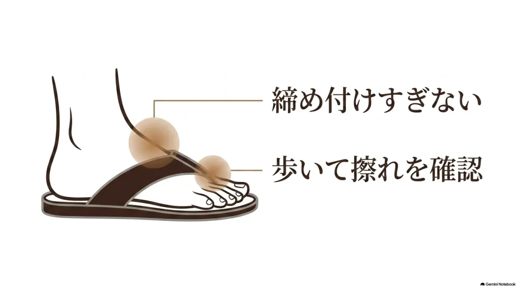 ギゼを履いた足のイラスト。甲のストラップは締め付けすぎず、鼻緒部分は歩いて擦れを確認すると記載