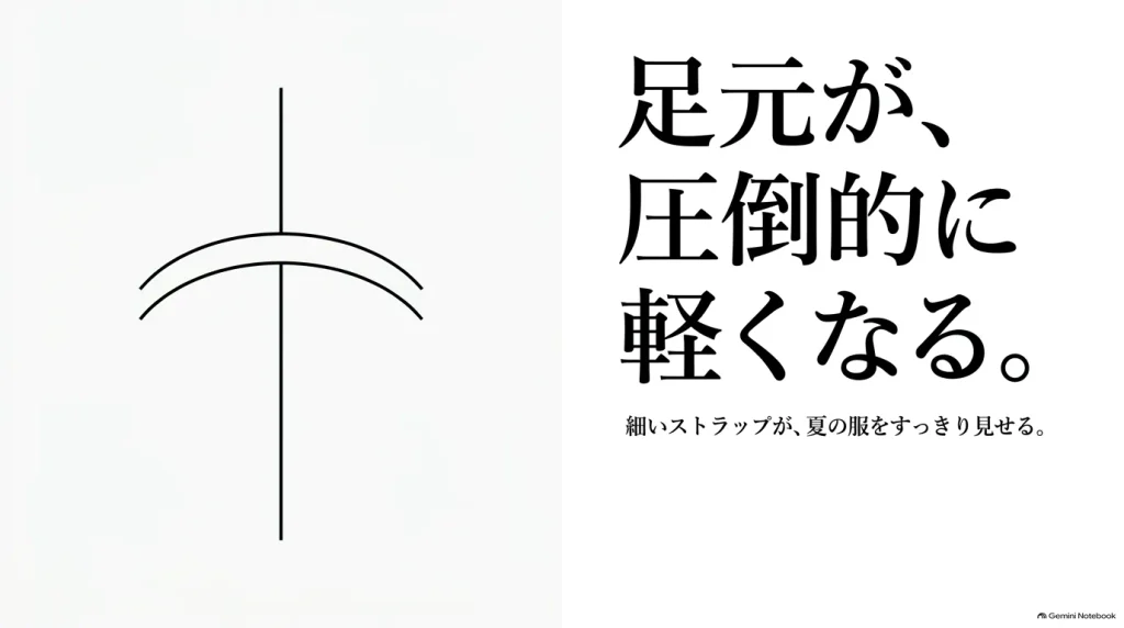 ギゼの細いT字型ストラップのイラスト。足元が圧倒的に軽くなり、夏の服をすっきり見せる特徴を解説。