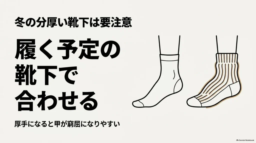 分厚い靴下を履くと甲が窮屈になりやすいため、実際に履く予定の靴下でサイズを合わせる際の注意点