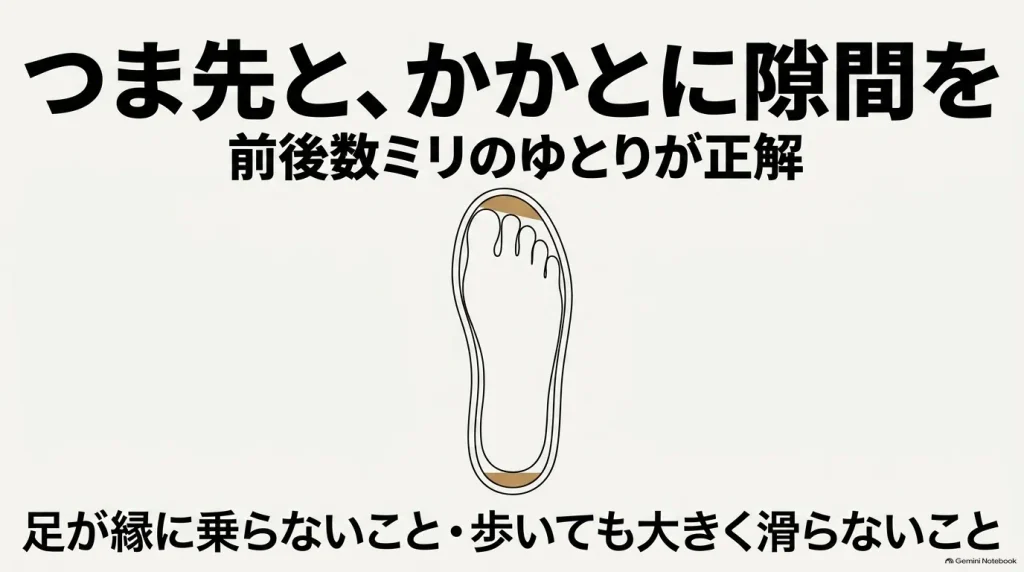 フットベッドのつま先とかかとに隙間があり、足が縁に乗らない正しいサイズの合わせ方
