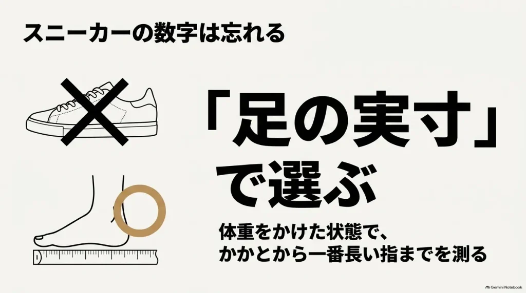 体重をかけた状態でかかとから一番長い指までを測る、足の実寸の測り方