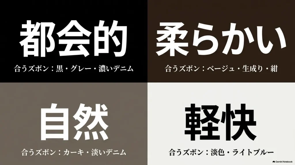 ミラノの色別(黒・ダークブラウン・モカ・白系)に合うズボンと印象の比較