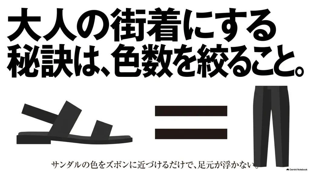 ミラノを大人の街着にする秘訣はサンダルとズボンの色数を絞ること