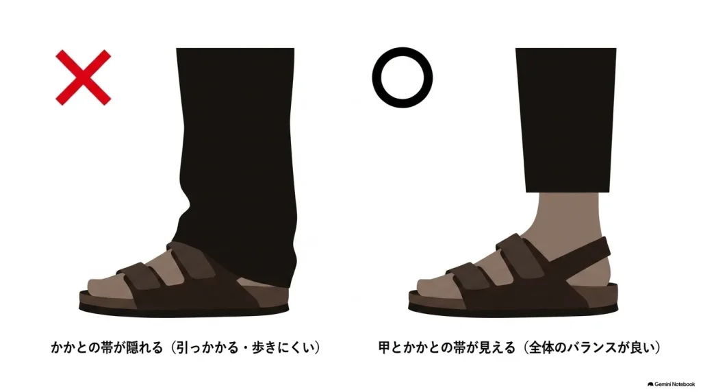 ミラノに合わせるロングパンツの正解丈。甲とかかとの帯が見える長さがバランスが良い