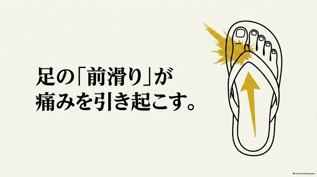 サンダル内で足が前滑りして痛みを引き起こすメカニズム