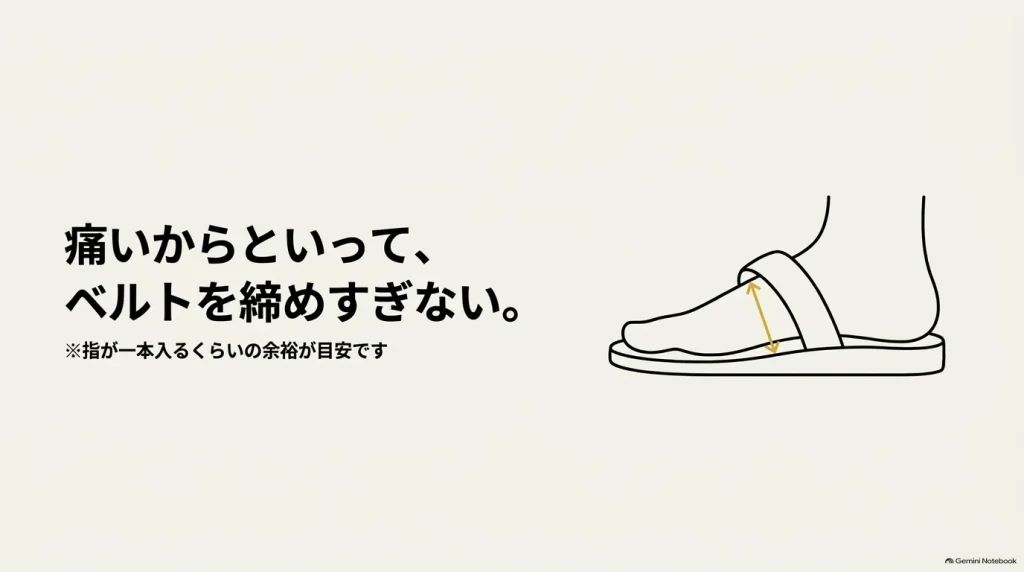 指が一本入るくらいの余裕を目安にしたベルト調整の図