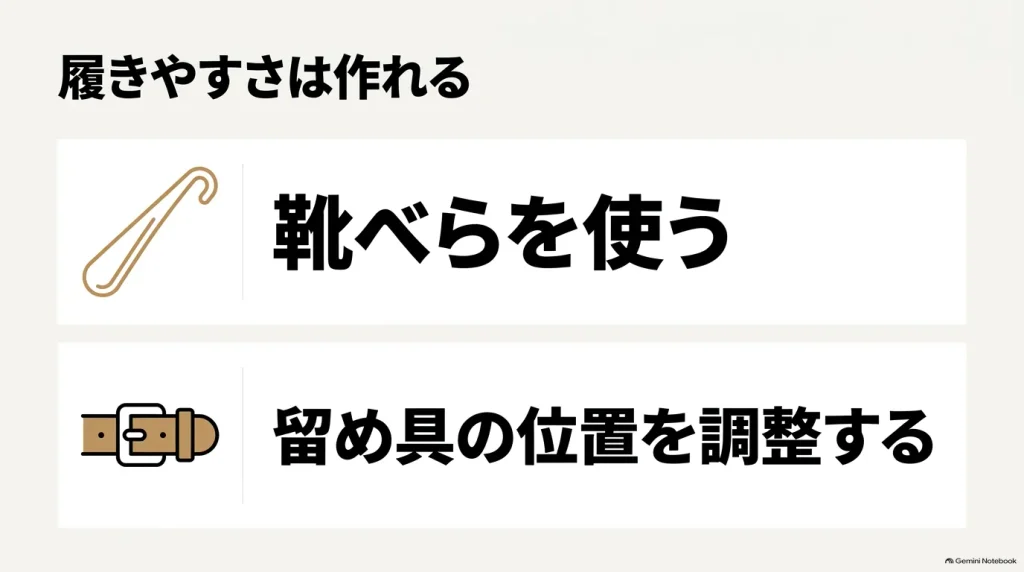 履きやすさを良くするために靴べらを使用し、留め具の位置を調整することの推奨