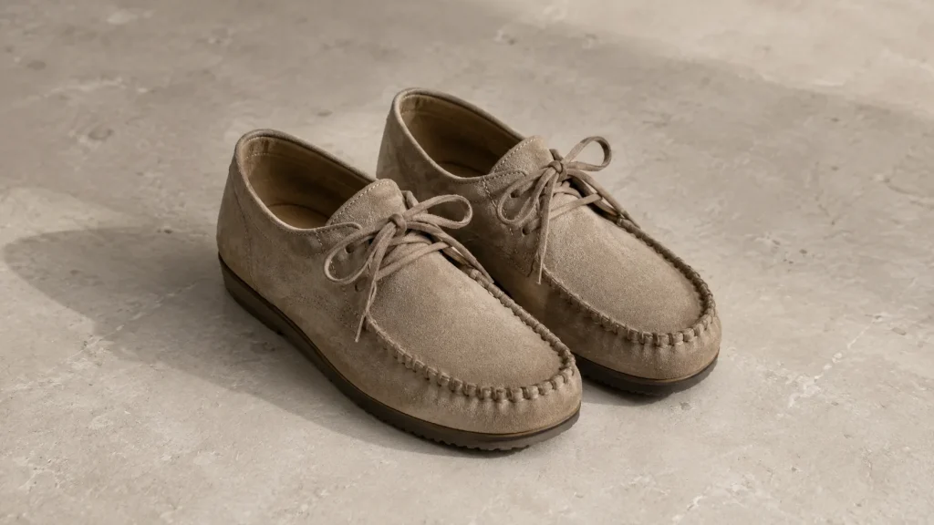 甲のフィット感を紐で調整できるトープスエードのUtti Lace風モカシンシューズ