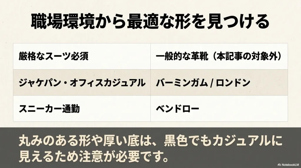 厳格なスーツからスニーカー通勤まで、職場環境と最適なビルケンシュトックのモデル一覧