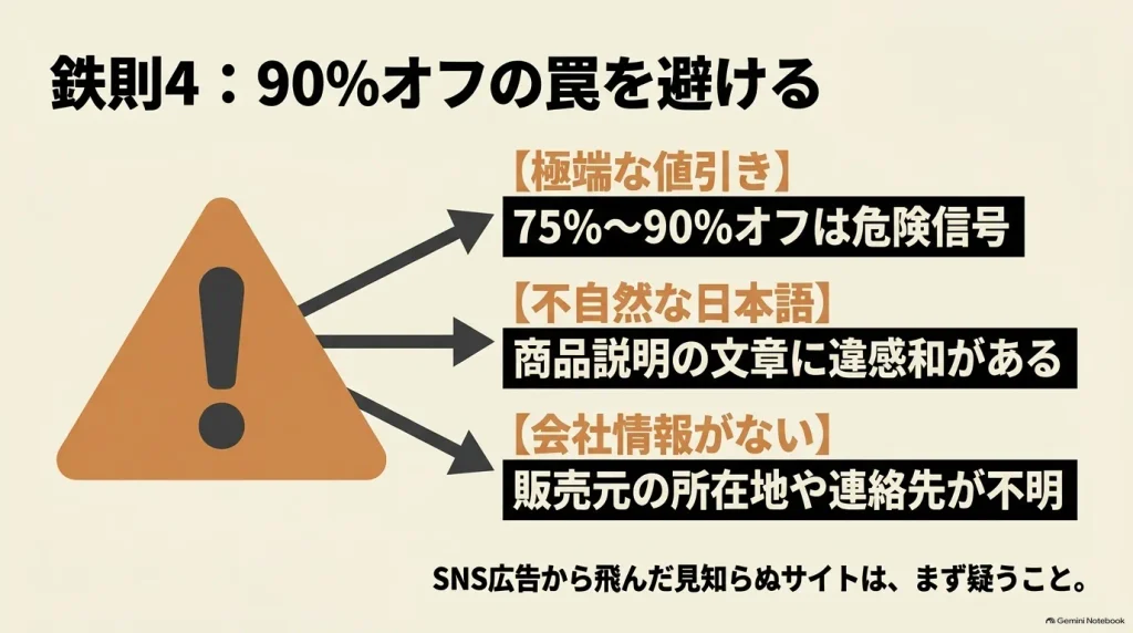 ビルケンシュトックの極端な値引き表示、不自然な日本語、会社情報が不明な通販サイトへの注意をまとめた図
