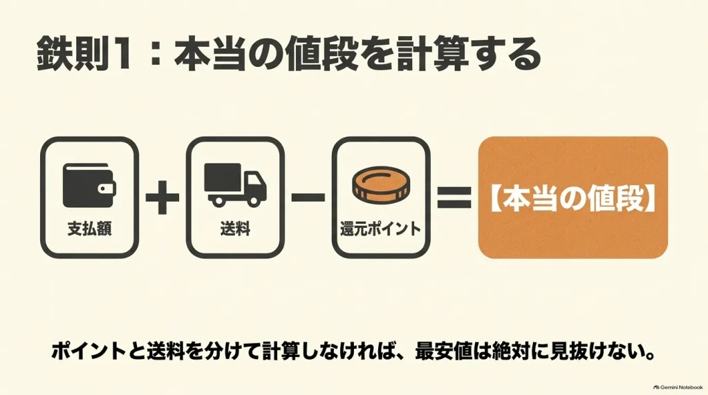 商品の支払額に送料を加え、獲得ポイント相当額を差し引いて実質価格を比較する計算式