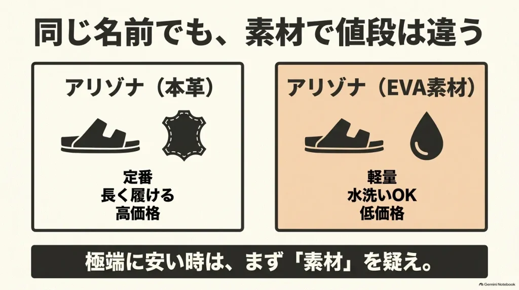 アリゾナの本革モデルとEVAモデルの価格、重量、水洗いの可否を比較したスライド
