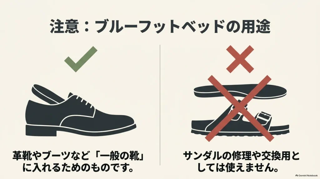 ブルーフットベッドは革靴やブーツなどの一般靴向けで、アリゾナなどのサンダル交換用ではないことを示した図解