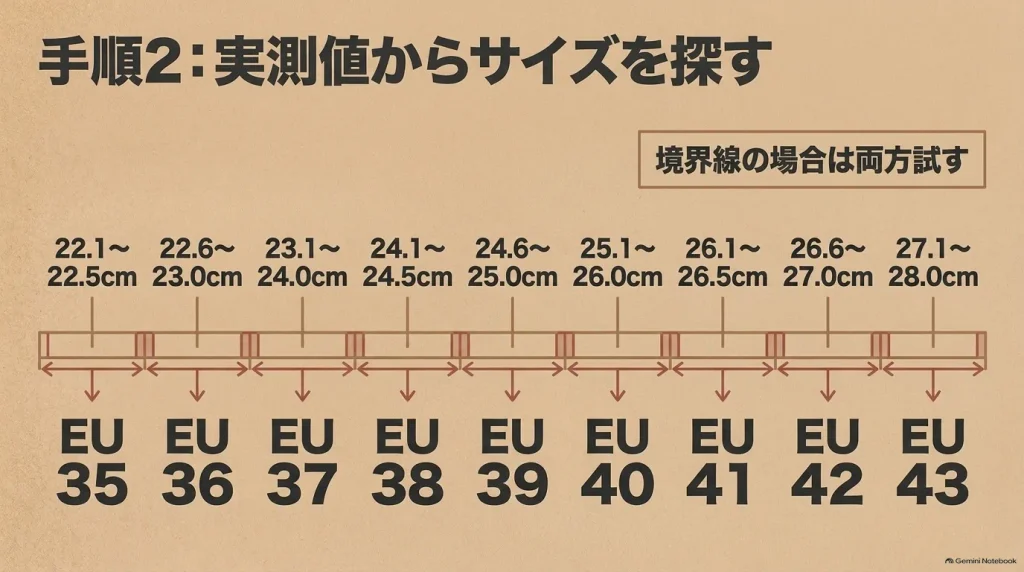 ビルケンシュトックのEU35から43までのサイズと足の実測値22.1cmから28.0cmの対応早見表