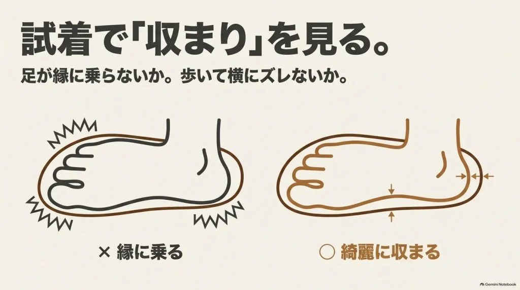 ビルケンシュトックを試着して足がフットベッドの縁に乗らず正しく収まっているか確認する図