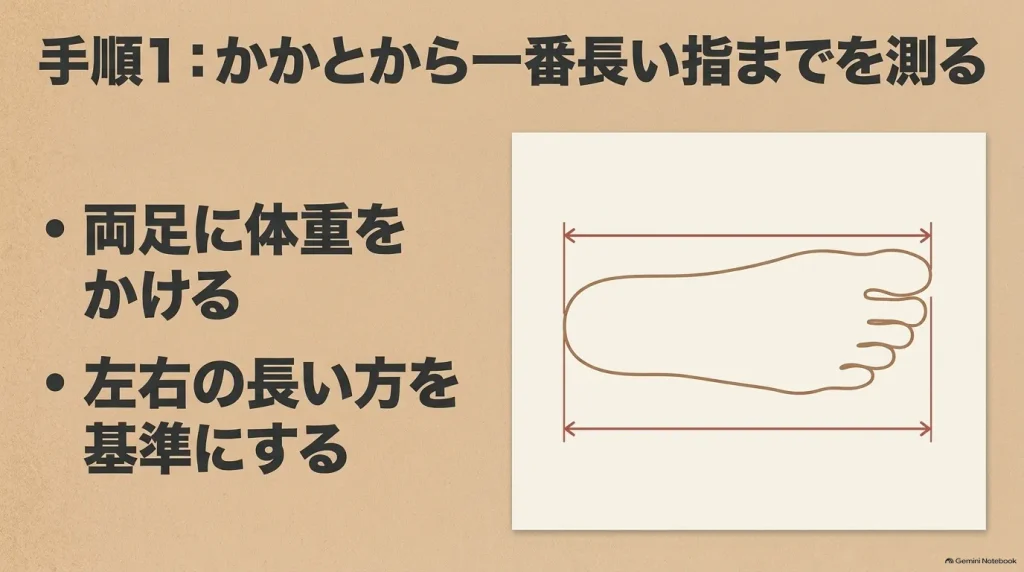 両足に体重をかけてかかとから一番長い足指までを測り、左右の長い方を基準にする方法