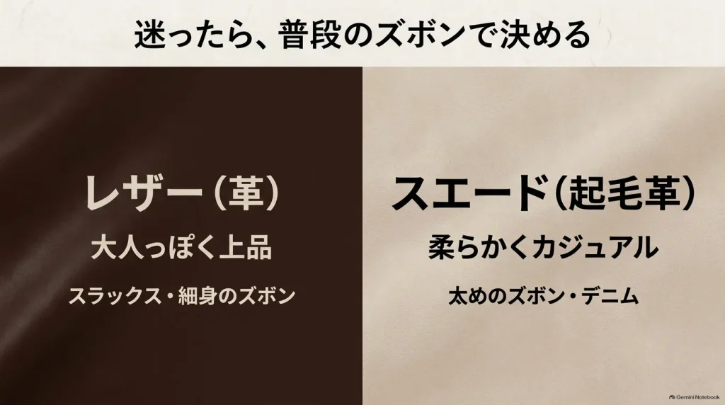 ロンドンのレザー（革）とスエード（起毛革）の選び方。 スラックスなどにはレザー、太めのパンツやデニムにはスエードが合うという解説。