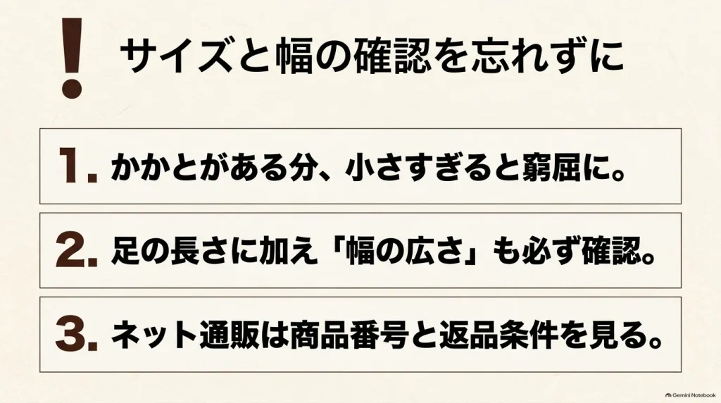 ロンドンのサイズと幅選びの注意点。 かかとがあるため小さすぎると窮屈になる点や、足の幅、通販での返品条件の確認について。