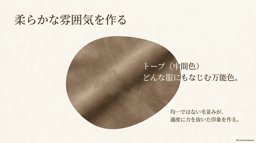 ロンドンのトープ（中間色）のスエード表面の拡大画像。 どんな服にもなじみやすく、適度に力を抜いた印象を作る魅力を解説。