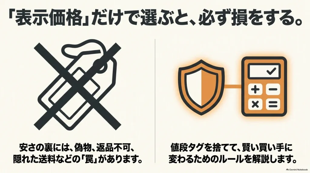 ビルケンシュトックの表示価格だけで購入すると偽物や返品不可、送料などの問題が生じる可能性を説明した図