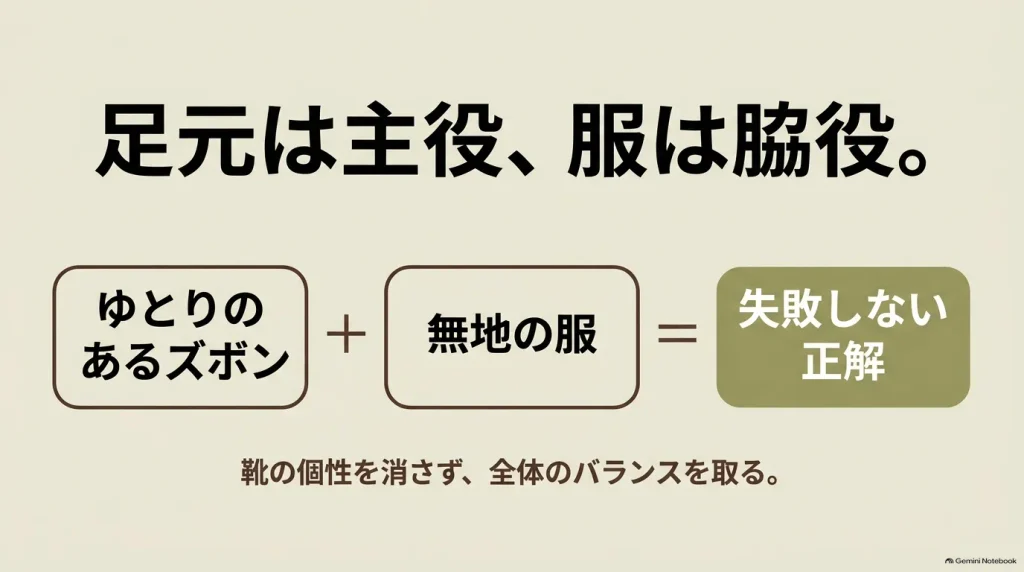 モンタナを春夏秋冬に履くときのパンツと靴下の選び方をまとめた図