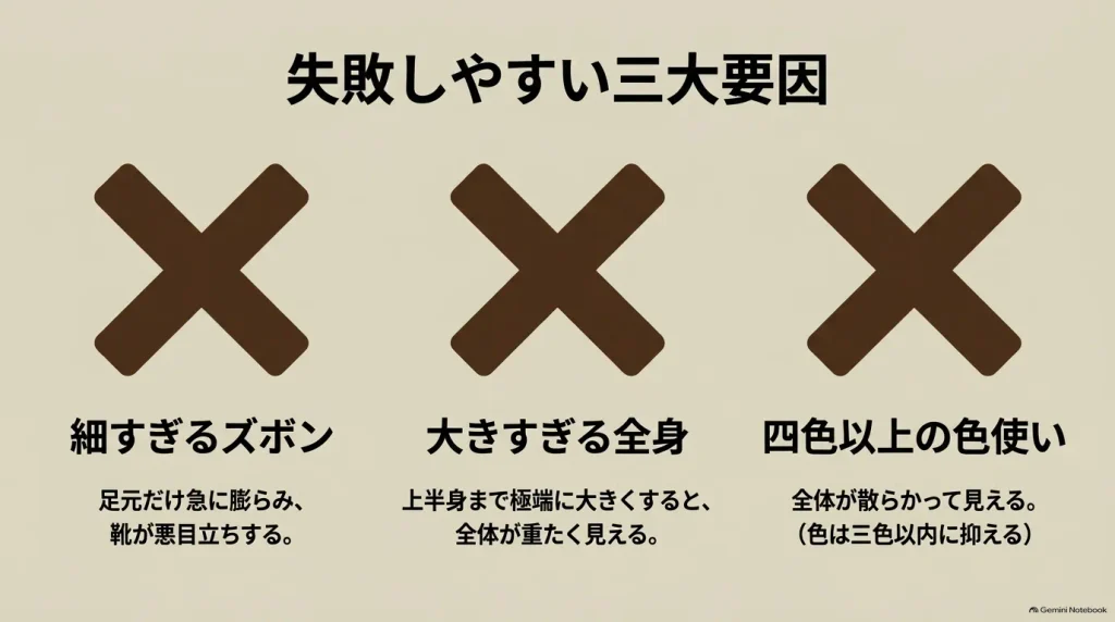モンタナコーデで避けたい細すぎるパンツ・大きすぎる服・色の使いすぎを示した図