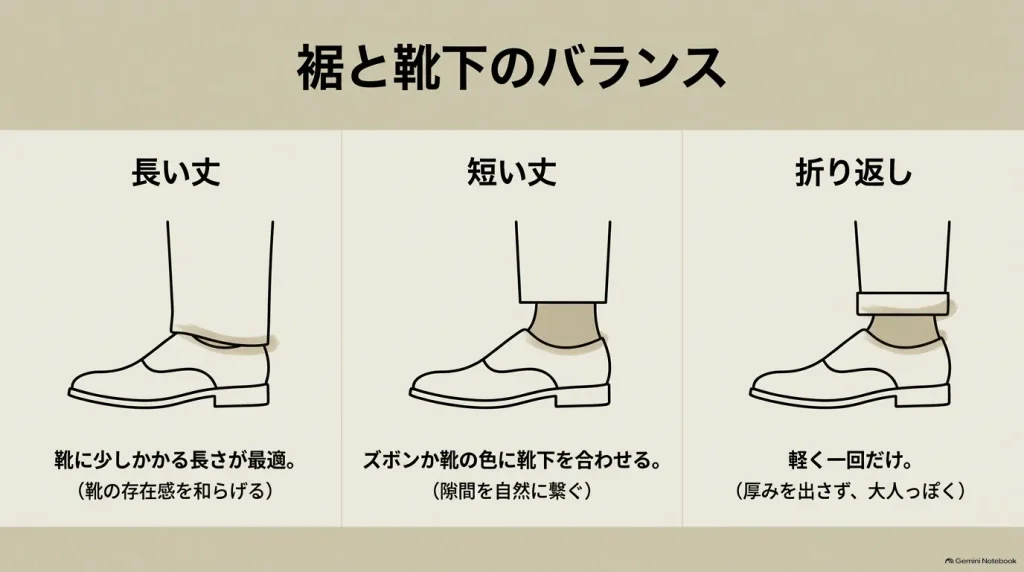 モンタナに合わせる長い丈・短い丈・ロールアップと靴下のバランスを比較した図