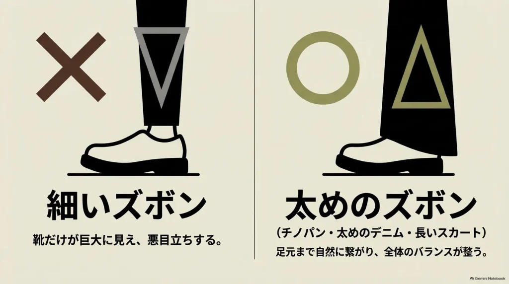 モンタナに細身パンツと太めパンツを合わせたときのバランスを比較した図