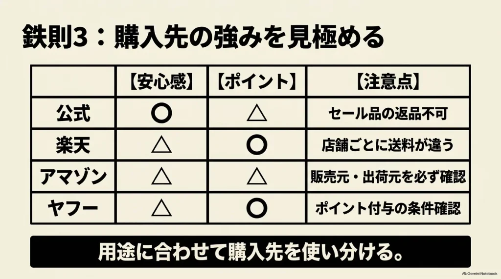 ビルケンシュトックの公式サイト、楽天市場、Amazon、Yahoo!ショッピングの特徴と購入時の注意点を比較した表