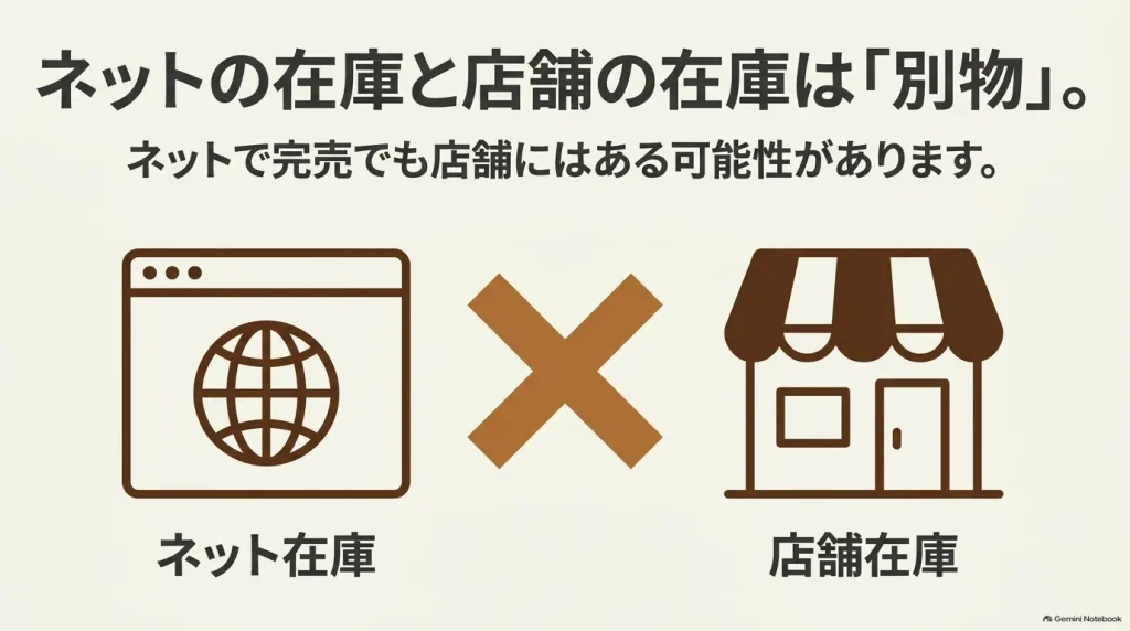 ビルケンシュトックではオンラインショップの在庫と実店舗の在庫が別であることを示した図
