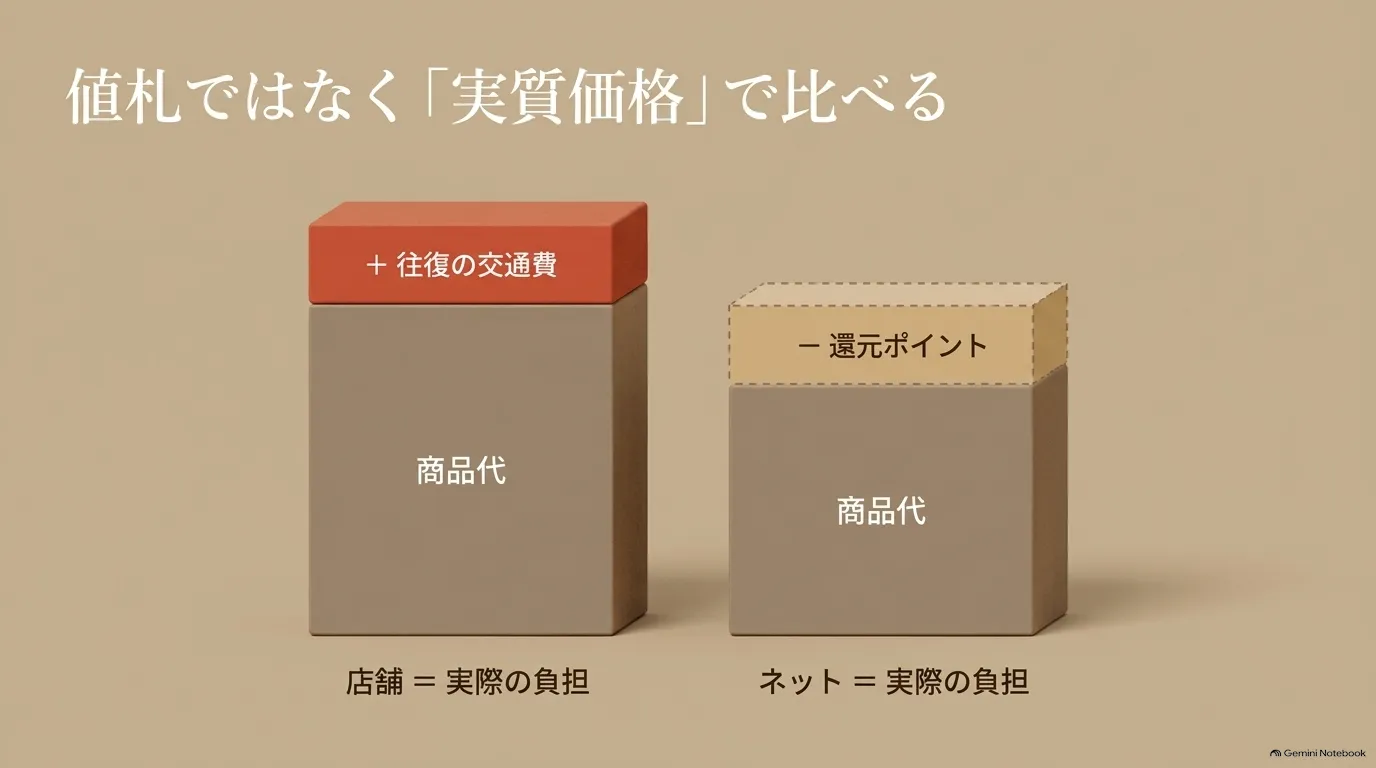 ビルケンシュトックのアウトレット店舗の商品代と往復交通費、ネット通販の商品代と還元ポイントを考慮した実質負担額の比較図