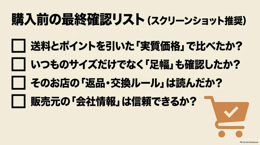 実質価格、足幅、返品交換条件、販売会社の信頼性について購入前に確認する4項目のチェックリスト