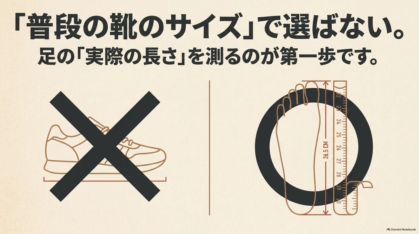 普段の靴のサイズだけで選ばず、足の実際の長さを測ることを説明した図解