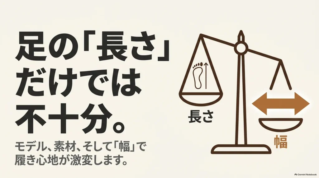 ビルケンシュトックは足の長さだけでなくモデル・素材・足幅も確認することを示した図