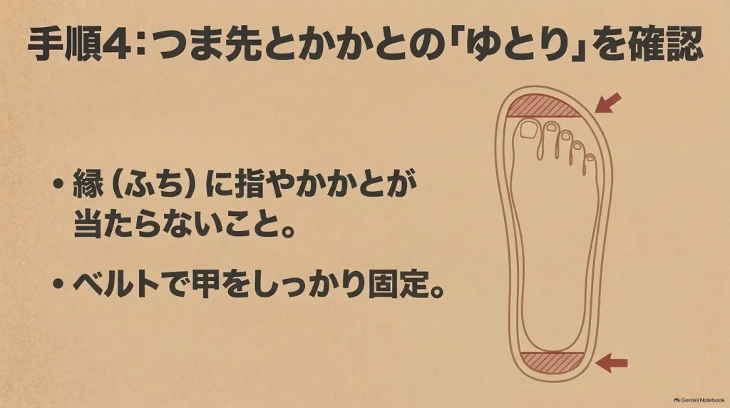 ビルケンシュトックのフットベッドでつま先とかかとが縁に当たらないよう確認する方法