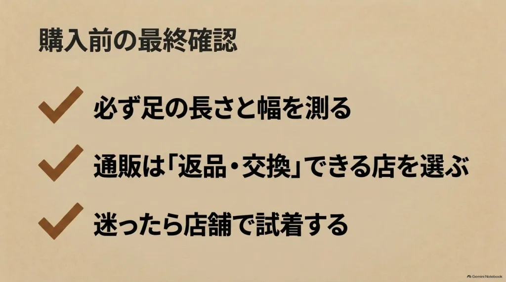 購入前に足の長さと幅を測ること、通販は返品・交換できる店を選ぶこと、迷ったら店舗で試着することの最終確認事項