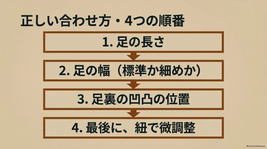 足の長さ、足の幅、足裏の凹凸の位置を確認し、最後に紐で微調整するというモンタナの正しいサイズの合わせ方