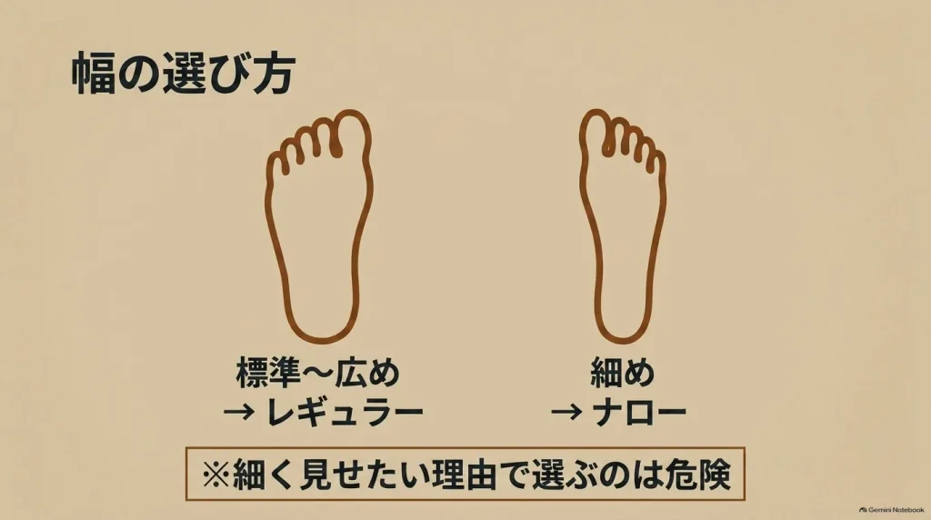 足幅が標準から広めならレギュラー、細めならナローを選ぶという解説と、細く見せたい理由で選ぶのは危険という注意点
